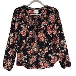 Knox Rose Floral Print Long‎ Sleeve Blouse Top Tassel Tie Black Red Medium